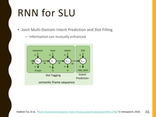 RNN for SLU
• Joint Multi-Domain Intent Prediction and Slot Filling
– Information can mutually enhanced
46
semantic frame ...
