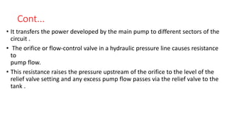 Cont...
• It transfers the power developed by the main pump to different sectors of the
circuit .
• The orifice or flow-control valve in a hydraulic pressure line causes resistance
to
pump flow.
• This resistance raises the pressure upstream of the orifice to the level of the
relief valve setting and any excess pump flow passes via the relief valve to the
tank .
 