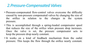 2.Pressure-Compensated Valves
• Pressure-compensated flow-control valves overcome the difficulty
caused by non-pressure compensated valves by changing the size of
the orifice in relation to the changes in the system
pressure.
• This is accomplished through a spring-loaded compensator spool
that reduces the size of the orifice when pressure drop increases.
Once the valve is set, the pressure compensator acts to
keep the pressure drop nearly constant.
• It works on a kind of feedback mechanism from the outlet
pressure. This keeps the flow through the orifice nearly constant.
 