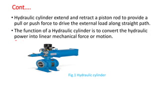 Cont....
• Hydraulic cylinder extend and retract a piston rod to provide a
pull or push force to drive the external load along straight path.
• The function of a Hydraulic cylinder is to convert the hydraulic
power into linear mechanical force or motion.
Cont....
Fig.1 Hydraulic cylinder.
 