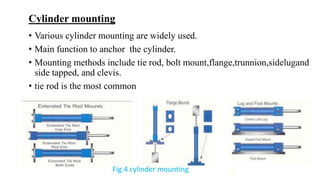 Cylinder mounting
• Various cylinder mounting are widely used.
• Main function to anchor the cylinder.
• Mounting methods include tie rod, bolt mount,flange,trunnion,sidelugand
side tapped, and clevis.
• tie rod is the most common
Fig.4 cylinder mounting.
 