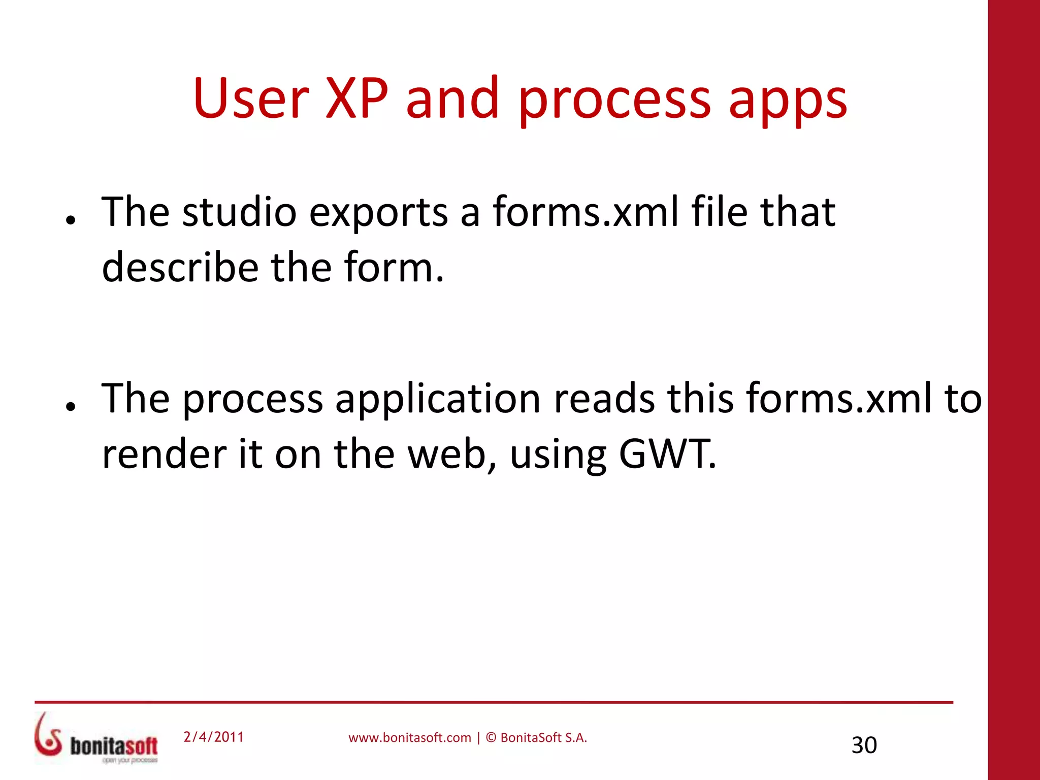 Product development -Roadmap & TrackingBonita Open Solution development follows Scrum methodology:Sprints & RoadmapRigorous usage of a trackerBacklogs & Burn-down chart