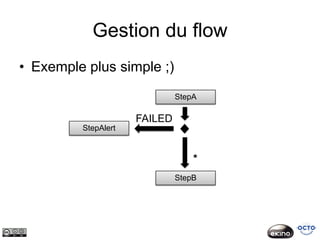 Gestion du flow
• Exemple plus simple ;)
                              StepA

                     FAILED
         StepAlert


                                  *
                              StepB
 