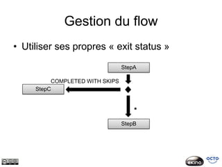 Gestion du flow
• Utiliser ses propres « exit status »
                                 StepA

          COMPLETED WITH SKIPS
     StepC


                                     *
                                 StepB
 