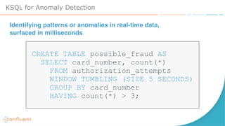 KSQL for Anomaly Detection
CREATE TABLE possible_fraud AS 
SELECT card_number, count(*) 
FROM authorization_attempts  
WINDOW TUMBLING (SIZE 5 SECONDS) 
GROUP BY card_number 
HAVING count(*) > 3;
Identifying patterns or anomalies in real-time data,
surfaced in milliseconds
 