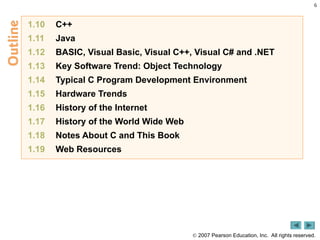 6
 2007 Pearson Education, Inc. All rights reserved.
1.10 C++
1.11 Java
1.12 BASIC, Visual Basic, Visual C++, Visual C# and .NET
1.13 Key Software Trend: Object Technology
1.14 Typical C Program Development Environment
1.15 Hardware Trends
1.16 History of the Internet
1.17 History of the World Wide Web
1.18 Notes About C and This Book
1.19 Web Resources
 