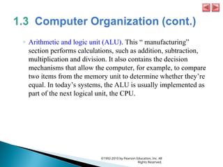 ◦ Arithmetic and logic unit (ALU). This “ manufacturing”
section performs calculations, such as addition, subtraction,
multiplication and division. It also contains the decision
mechanisms that allow the computer, for example, to compare
two items from the memory unit to determine whether they’re
equal. In today’s systems, the ALU is usually implemented as
part of the next logical unit, the CPU.
©1992-2010 by Pearson Education, Inc. All
Rights Reserved.
 