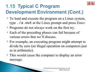  To load and execute the program on a Linux system,
type ./a.out at the Linux prompt and press Enter.
 Programs do not always work on the first try.
 Each of the preceding phases can fail because of
various errors that we’ll discuss.
 For example, an executing program might attempt to
divide by zero (an illegal operation on computers just
as in arithmetic).
 This would cause the computer to display an error
message.
©1992-2010 by Pearson Education, Inc. All
Rights Reserved.
 