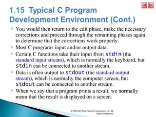  You would then return to the edit phase, make the necessary
corrections and proceed through the remaining phases again
to determine that the corrections work properly.
 Most C programs input and/or output data.
 Certain C functions take their input from stdin (the
standard input stream), which is normally the keyboard, but
stdin can be connected to another stream.
 Data is often output to stdout (the standard output
stream), which is normally the computer screen, but
stdout can be connected to another stream.
 When we say that a program prints a result, we normally
mean that the result is displayed on a screen.
©1992-2010 by Pearson Education, Inc. All
Rights Reserved.
 