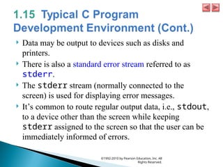  Data may be output to devices such as disks and
printers.
 There is also a standard error stream referred to as
stderr.
 The stderr stream (normally connected to the
screen) is used for displaying error messages.
 It’s common to route regular output data, i.e., stdout,
to a device other than the screen while keeping
stderr assigned to the screen so that the user can be
immediately informed of errors.
©1992-2010 by Pearson Education, Inc. All
Rights Reserved.
 