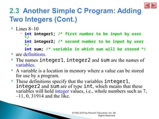  Lines 8–10
 int integer1; /* first number to be input by user
*/
int integer2; /* second number to be input by user
*/
int sum; /* variable in which sum will be stored */
 are definitions.
 The names integer1, integer2 and sum are the names of
variables.
 A variable is a location in memory where a value can be stored
for use by a program.
 These definitions specify that the variables integer1,
integer2 and sum are of type int, which means that these
variables will hold integer values, i.e., whole numbers such as 7,
–11, 0, 31914 and the like.
©1992-2010 by Pearson Education, Inc. All
Rights Reserved.
 