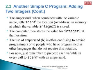  The ampersand, when combined with the variable
name, tells scanf the location (or address) in memory
at which the variable integer1 is stored.
 The computer then stores the value for integer1 at
that location.
 The use of ampersand (&) is often confusing to novice
programmers or to people who have programmed in
other languages that do not require this notation.
 For now, just remember to precede each variable in
every call to scanf with an ampersand.
©1992-2010 by Pearson Education, Inc. All
Rights Reserved.
 