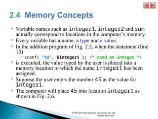  Variable names such as integer1, integer2 and sum
actually correspond to locations in the computer’s memory.
 Every variable has a name, a type and a value.
 In the addition program of Fig. 2.5, when the statement (line
13)
 scanf( "%d", &integer1 ); /* read an integer */
 is executed, the value typed by the user is placed into a
memory location to which the name integer1 has been
assigned.
 Suppose the user enters the number 45 as the value for
integer1.
 The computer will place 45 into location integer1 as
shown in Fig. 2.6.
©1992-2010 by Pearson Education, Inc. All
Rights Reserved.
 