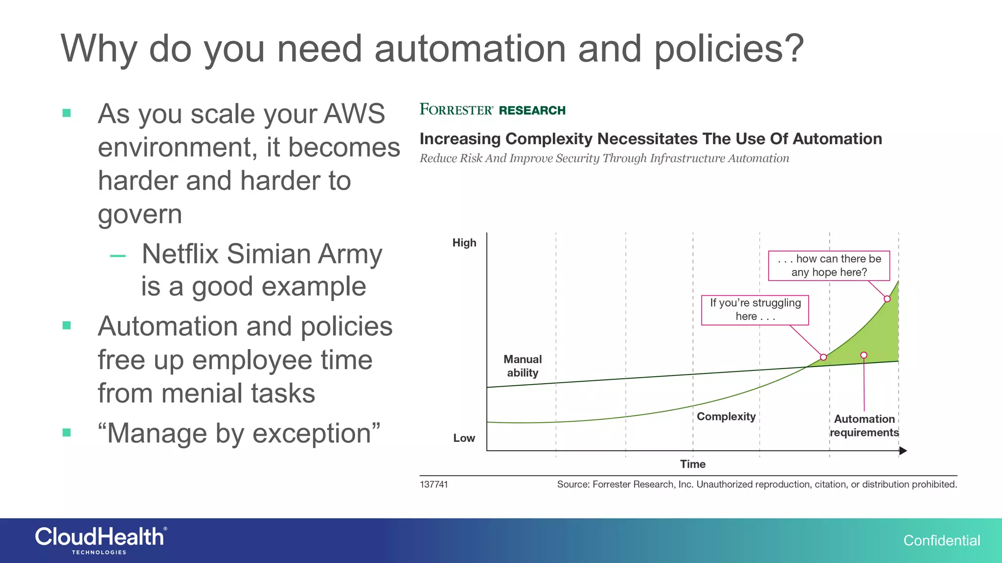 Confidential
Why do you need automation and policies?
§  As you scale your AWS
environment, it becomes
harder and harder to
govern
–  Netflix Simian Army
is a good example
§  Automation and policies
free up employee time
from menial tasks
§  “Manage by exception”
 