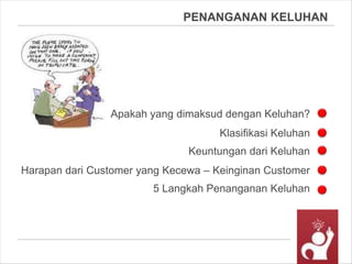 PENANGANAN KELUHAN
Keuntungan dari Keluhan
Klasifikasi Keluhan
Apakah yang dimaksud dengan Keluhan?
5 Langkah Penanganan Keluhan
Harapan dari Customer yang Kecewa – Keinginan Customer
 