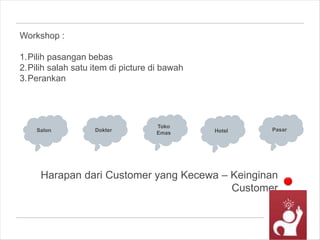 Harapan dari Customer yang Kecewa – Keinginan
Customer
Workshop :
1.Pilih pasangan bebas
2.Pilih salah satu item di picture di bawah
3.Perankan
Salon Dokter
Toko
Emas Hotel Pasar
 