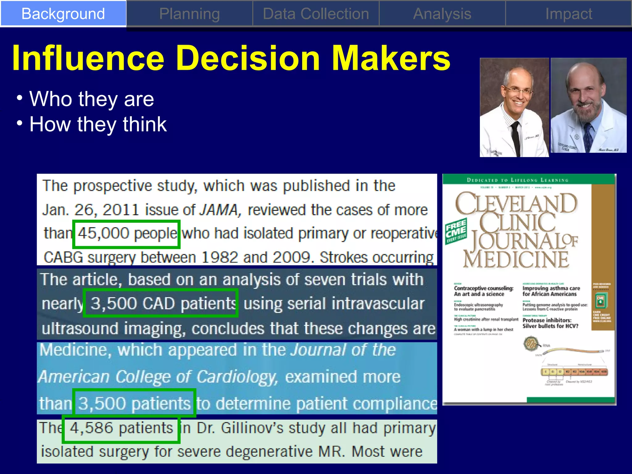 Background     Planning   Data Collection   Analysis   Impact


Influence Decision Makers
• Who they are
• How they think
 