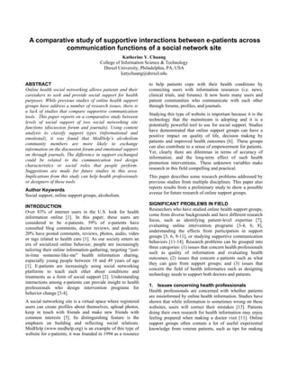 A comparative study of supportive interactions between e-patients across
communication functions of a social network site
...