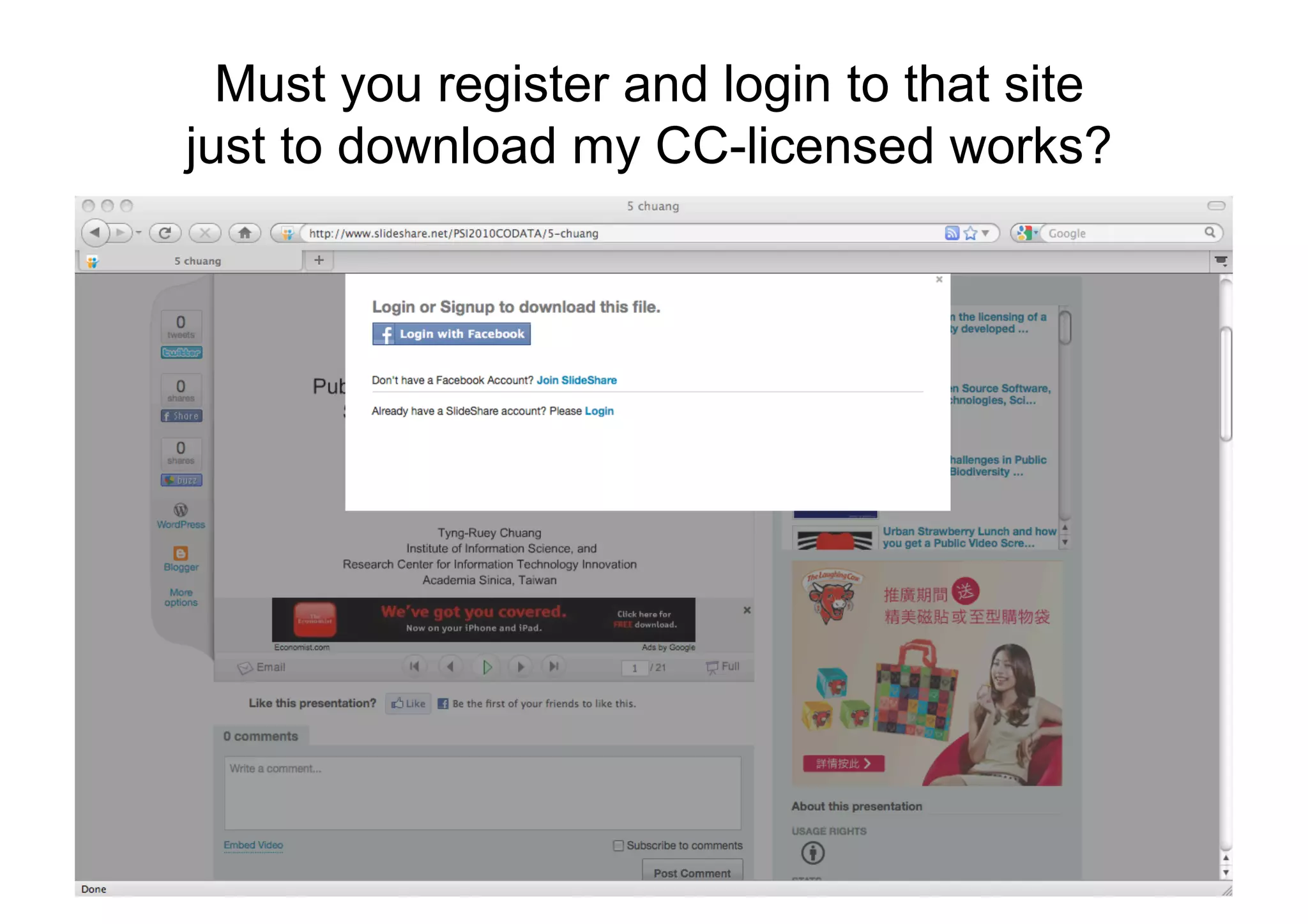Must you register and login to that site
just to download my CC-licensed works?
 