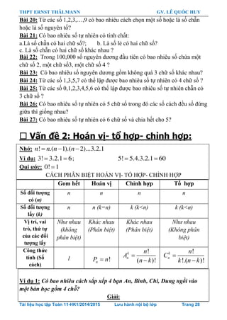 THPT ERNST THÄLMANN GV. LÊ QUỐC HUY
Tài liệu học tập Toán 11-HK1/2014/2015 Lưu hành nội bộ lớp Trang 28
Bài 20: Từ các số 1,2,3,…,9 có bao nhiêu cách chọn một số hoặc là số chẵn
hoặc là số nguyên tố?
Bài 21: Có bao nhiêu số tự nhiên có tính chất:
a.Là số chẵn có hai chữ số?; b. Là số lẻ có hai chữ số?
c. Là số chẵn có hai chữ số khác nhau ?
Bài 22: Trong 100,000 số nguyên dƣơng đầu tiên có bao nhiêu số chứa một
chữ số 2, một chữ số3, một chữ số 4 ?
Bài 23: Có bao nhiêu số nguyên dƣơng gồm không quá 3 chữ số khác nhau?
Bài 24: Từ các số 1,3,5,7 có thể lập đƣợc bao nhiêu số tự nhiên có 4 chữ số ?
Bài 25: Từ các số 0,1,2,3,4,5,6 có thể lập đƣợc bao nhiêu số tự nhiên chẵn có
3 chữ số ?
Bài 26: Có bao nhiêu số tự nhiên có 5 chữ số trong đó các số cách đều số đứng
giữa thì giống nhau?
Bài 27: Có bao nhiêu số tự nhiên có 6 chữ số và chia hết cho 5?
 Vấn đề 2: Hoán vị- tổ hợp- chỉnh hợp:
Nhớ: ! .( 1).( 2)...3.2.1n n n n  
Ví dụ: 3! 3.2.1 6  ; 5! 5.4.3.2.1 60 
Qui ƣớc: 0! 1
CÁCH PHÂN BIỆT HOÁN VỊ- TỔ HỢP- CHỈNH HỢP
Gom hết Hoán vị Chỉnh hợp Tổ hợp
Số đối tƣợng
có (n)
n n n n
Số đối tƣợng
lấy (k)
n n (k=n) k (k<n) k (k<n)
Vị trí, vai
trò, thứ tự
của các đối
tƣợng lấy
Như nhau
(không
phân biệt)
Khác nhau
(Phân biệt)
Khác nhau
(Phân biệt)
Như nhau
(Không phân
biệt)
Công thức
tính (Số
cách)
1 !nP n
!
( )!
k
n
n
A
n k


!
!.( )!
k
n
n
C
k n k


Ví dụ 1: Có bao nhiêu cách sắp xếp 4 bạn An, Bình, Chi, Dung ngồi vào
một bàn học gồm 4 chỗ?
Giải:
 