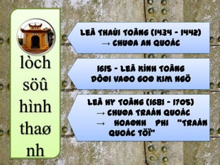 Leâ Thaùi Toâng (1434 – 1442)
            → chuøa An Quoác

ò      1615 – Leâ Kính Toâng
         dôøi vaøo goø Kim Ngö
 söû
        Leâ Hy Toâng (1681 – 1705)
hình      → chuøa Traán Quoác
          → hoaønh phi “Traán
thaø         Quoác töï”

  nh
 