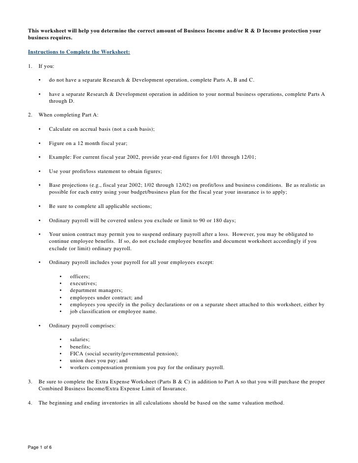 Business Income Worksheet