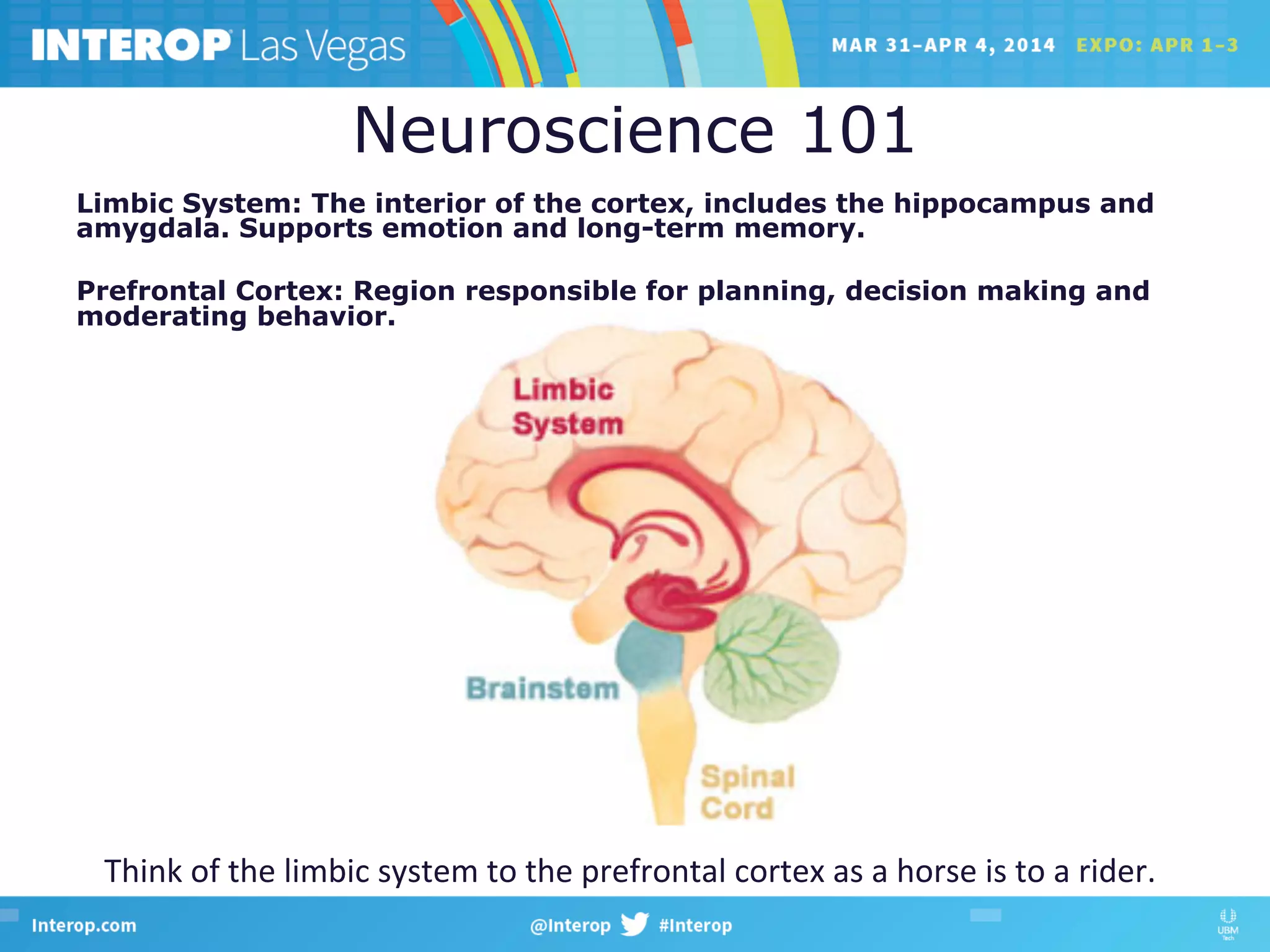 Neuroscience 101
Limbic System: The interior of the cortex, includes the hippocampus and
amygdala. Supports emotion and long-term memory.
Prefrontal Cortex: Region responsible for planning, decision making and
moderating behavior.
Think	
  of	
  the	
  limbic	
  system	
  to	
  the	
  prefrontal	
  cortex	
  as	
  a	
  horse	
  is	
  to	
  a	
  rider.	
  
 
