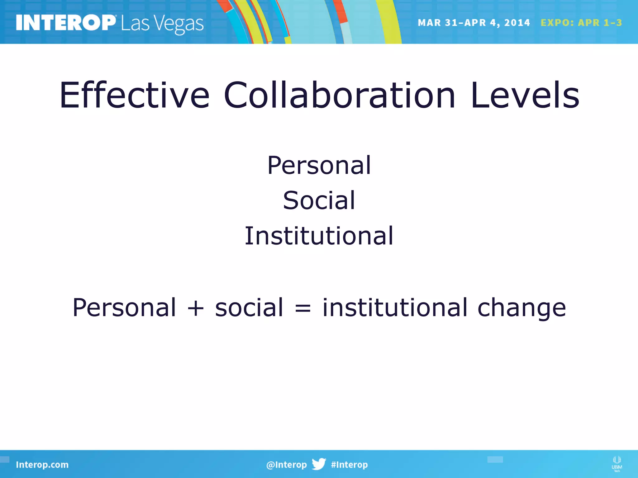 Effective Collaboration Levels
Personal
Social
Institutional
Personal + social = institutional change
 