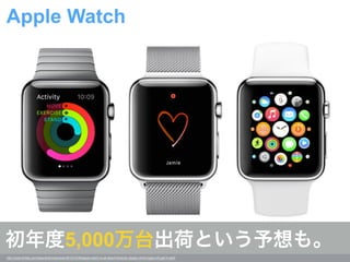 http://www.forbes.com/sites/anthonykosner/2014/10/26/apple-watch-is-all-about-behavior-design-which-apps-will-get-it-right/
Apple Watch
初年度5,000万台出荷という予想も。
 