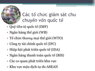 Các tổ chức giám sát chu
chuyển vốn quốc tế
• Quỹ tiền tệ quốc tế (IMF)
• Ngân hàng thế giới (WB)
• Tổ chức thương mại thế giới (WTO)
• Công ty tài chính quốc tế (IFC)
• Hiệp hội phát triển quốc tế (IDA)
• Ngân hàng thanh toán quốc tế (BIS)
• Các cơ quan phát triển khu vực
• Khu vực mậu dịch tự do ASEAN
 