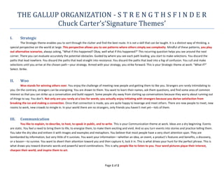 THE GALLUP ORGANIZATION - S T R E N G T H S F I N D E R<br />Chuck Carter’s ‘Signature Themes’<br />Strategic<br />The Strategic theme enables you to sort through the clutter and find the best route. It is not a skill that can be taught. It is a distinct way of thinking, a special perspective on the world at large. This perspective allows you to see patterns where others simply see complexity. Mindful of these patterns, you play out alternative scenarios, always asking, quot;
What if this happened? Okay, well what if this happened?quot;
 This recurring question helps you see around the next corner. There you can evaluate accurately the potential obstacles. Guided by where you see each path leading, you start to make selections. You discard the paths that lead nowhere. You discard the paths that lead straight into resistance. You discard the paths that lead into a fog of confusion. You cull and make selections until you arrive at the chosen path—your strategy. Armed with your strategy, you strike forward. This is your Strategic theme at work: quot;
What if?quot;
 Select. Strike. <br />Woo<br />Woo stands for winning others over. You enjoy the challenge of meeting new people and getting them to like you. Strangers are rarely intimidating to you. On the contrary, strangers can be energizing. You are drawn to them. You want to learn their names, ask them questions, and find some area of common interest so that you can strike up a conversation and build rapport. Some people shy away from starting up conversations because they worry about running out of things to say. You don’t. Not only are you rarely at a loss for words; you actually enjoy initiating with strangers because you derive satisfaction from breaking the ice and making a connection. Once that connection is made, you are quite happy to leverage and meet others. There are new people to meet, new rooms to work, new crowds to mingle in. In your world there are no strangers, only friends you haven’t met yet−−lots of them.<br />Communication<br />You like to explain, to describe, to host, to speak in public, and to write. This is your Communication theme at work. Ideas are a dry beginning. Events are static. You feel a need to bring them to life, to energize them, to make them exciting and vivid. And so you turn events into stories and practice telling them. You take the dry idea and enliven it with images and examples and metaphors. You believe that most people have a very short attention span. They are bombarded by information, but very little of it survives. You want your information−−whether an idea, an event, a product’s features and benefits, a discovery, or a lesson−−to survive. You want to divert their attention toward you and then capture it, lock it in. This is what drives your hunt for the perfect phrase. This is what draws you toward dramatic words and powerful word combinations. This is why people like to listen to you. Your word pictures pique their interest, sharpen their world, and inspire them to act.<br />Input<br />You are inquisitive. You collect things. You might collect information−−words, facts, books, and quotations−−or you might collect tangible objects such as butterflies, baseball cards, porcelain dolls, or sepia photographs. Whatever you collect, you collect it because it interests you. And yours is the kind of mind that finds so many things interesting. The world is exciting precisely because of its infinite variety and complexity. If you read a great deal, it is not necessarily to refine your theories but, rather, to add more information to your archives. If you like to travel, it is because each new location offers novel artifacts and facts. These can be acquired and then stored away. Why are they worth storing? At the time of storing it is often hard to say exactly when or why you might need them, but who knows when they might become useful? With all those possible uses in mind, you really don’t feel comfortable throwing anything away. So you keep acquiring and compiling and filing stuff away. It’s interesting. It keeps your mind fresh. And perhaps one day some of it will prove valuable.<br />Includer<br />quot;
Stretch the circle wider.quot;
 This is the philosophy around which you orient your life. You want to include people and make them feel part of the group. In direct contrast to those who are drawn only to exclusive groups, you actively avoid those groups that exclude others. You want to expand the group so that as many people as possible can benefit from its support. You hate the sight of someone on the outside looking in. You want to draw them in so that they can feel the warmth of the group. You are an instinctively accepting person. Regardless of race or sex or nationality or personality or faith, you cast few judgments. Judgments can hurt a person’s feelings. Why do that if you don’t have to? Your accepting nature does not necessarily rest on a belief that each of us is different and that one should respect these differences. Rather, it rests on your conviction that fundamentally we are all the same. We are all equally important. Thus, no one should be ignored. Each of us should be included. It is the least we all deserve.<br />