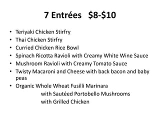 7 Entrées $8-$10
• Teriyaki Chicken Stirfry
• Thai Chicken Stirfry
• Curried Chicken Rice Bowl
• Spinach Ricotta Ravioli with Creamy White Wine Sauce
• Mushroom Ravioli with Creamy Tomato Sauce
• Twisty Macaroni and Cheese with back bacon and baby
peas
• Organic Whole Wheat Fusilli Marinara
with Sautéed Portobello Mushrooms
with Grilled Chicken
 