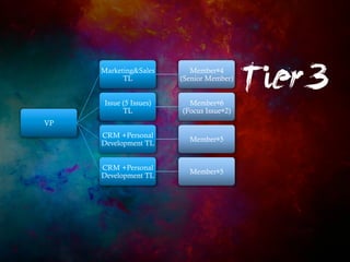 VP 
MarketingSales 
TL 
Member4 
(Senior Member) 
Issue (5 Issues) 
TL 
Member6 
(Focus Issue2) 
CRM +Personal 
Development TL Member5 
CRM +Personal 
Development TL Member5 
Tier3 
 