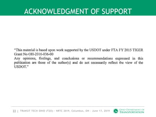 22 |
ACKNOWLEDGMENT OF SUPPORT
TRANSIT TECH OHIO (T2O) - NRTC 2019, Columbus, OH - June 17, 2019
 