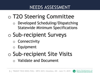 5 |
NEEDS ASSESSMENT
o T2O Steering Committee
o Developed Scheduling/Dispatching
Statewide Minimum Specifications
o Sub-recipient Surveys
o Connectivity
o Equipment
o Sub-recipient Site Visits
o Validate and Document
TRANSIT TECH OHIO (T2O) - NRTC 2019, Columbus, OH - June 17, 2019
 