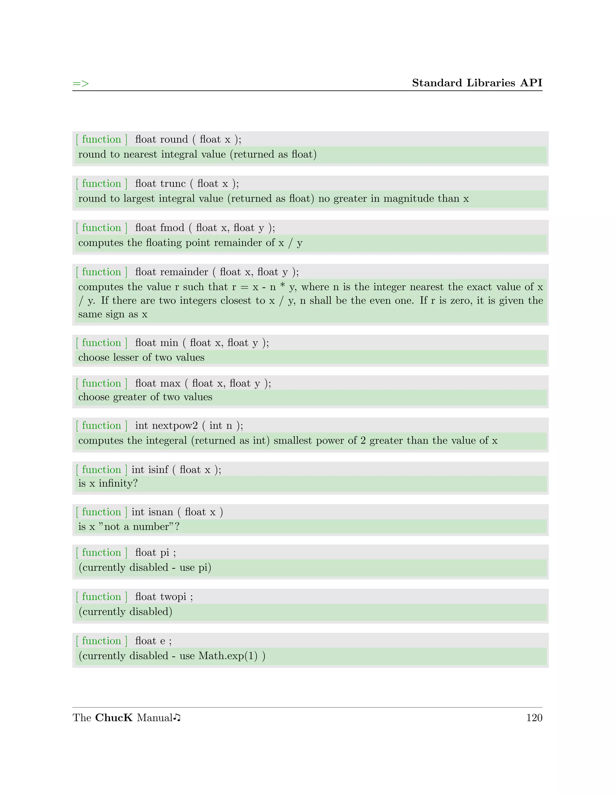 =>                                                                        Standard Libraries API




[ function ] ﬂoat round ( ﬂoat x );
 round to nearest integral value (returned as ﬂoat)

[ function ] ﬂoat trunc ( ﬂoat x );
 round to largest integral value (returned as ﬂoat) no greater in magnitude than x

[ function ] ﬂoat fmod ( ﬂoat x, ﬂoat y );
 computes the ﬂoating point remainder of x / y

[ function ] ﬂoat remainder ( ﬂoat x, ﬂoat y );
 computes the value r such that r = x - n * y, where n is the integer nearest the exact value of x
 / y. If there are two integers closest to x / y, n shall be the even one. If r is zero, it is given the
 same sign as x

[ function ] ﬂoat min ( ﬂoat x, ﬂoat y );
 choose lesser of two values

[ function ] ﬂoat max ( ﬂoat x, ﬂoat y );
 choose greater of two values

[ function ] int nextpow2 ( int n );
 computes the integeral (returned as int) smallest power of 2 greater than the value of x

[ function ] int isinf ( ﬂoat x );
 is x inﬁnity?

[ function ] int isnan ( ﬂoat x )
 is x ”not a number”?

[ function ] ﬂoat pi ;
 (currently disabled - use pi)

[ function ] ﬂoat twopi ;
 (currently disabled)

[ function ] ﬂoat e ;
 (currently disabled - use Math.exp(1) )




The ChucK Manual                                                                                    120
 
