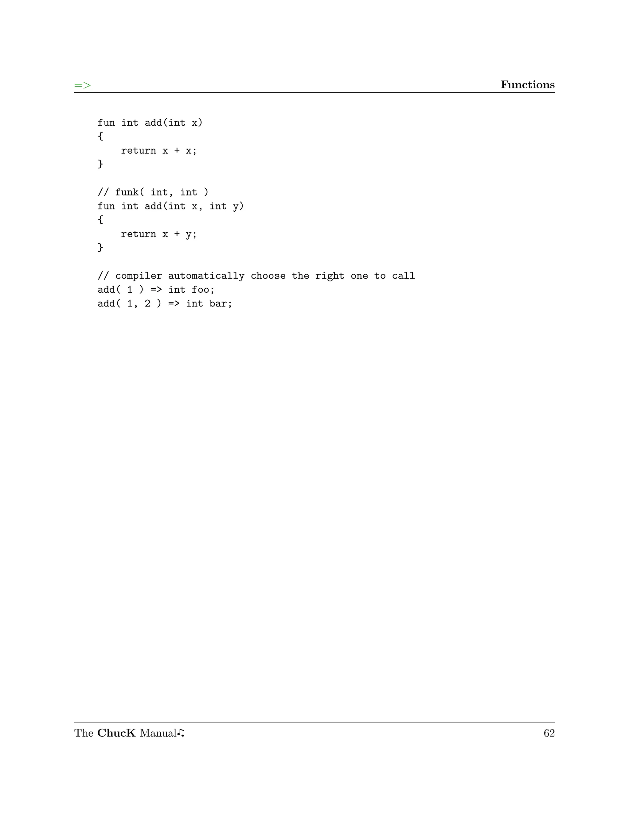 =>                                                            Functions


     fun int add(int x)
     {
         return x + x;
     }

     // funk( int, int )
     fun int add(int x, int y)
     {
         return x + y;
     }

     // compiler automatically choose the right one to call
     add( 1 ) => int foo;
     add( 1, 2 ) => int bar;




The ChucK Manual                                                     62
 