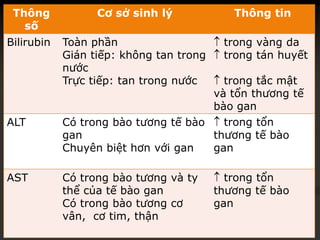 Thông
số
Cơ sở sinh lý Thông tin
Bilirubin Toàn phần
Gián tiếp: không tan trong
nước
Trực tiếp: tan trong nước
 trong vàng da
 trong tán huyết
 trong tắc mật
và tổn thương tế
bào gan
ALT Có trong bào tương tế bào
gan
Chuyên biệt hơn với gan
 trong tổn
thương tế bào
gan
AST Có trong bào tương và ty
thể của tế bào gan
Có trong bào tương cơ
vân, cơ tim, thận
 trong tổn
thương tế bào
gan
 