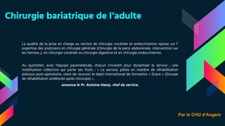 Chirurgie bariatrique de l’adulte
La qualité de la prise en charge au service de chirurgie viscérale et endocrinienne repose sur l’
expertise des praticiens en chirurgie générale (chirurgie de la paroi abdominale, intervention sur
les hernies...), en chirurgie viscérale ou chirurgie digestive et en chirurgie endocrinienne.
Au quotidien, avec l’équipe paramédicale, chacun s’investit pour dynamiser le service ; une
mobilisation collective qui porte ses fruits : « Le service, pilote en matière de réhabilitation
précoce post-opératoire, vient de recevoir le label international de formation « Grace » (Groupe
de réhabilitation améliorée après chirurgie) »,
annonce le Pr. Antoine Hamy, chef du service.
Par le CHU d’Angers
 