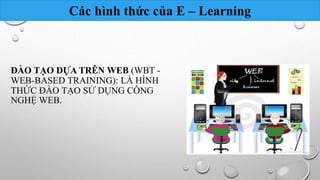 Các hình thức của E – Learning 
ĐÀO TẠO DỰA TRÊN WEB (WBT - 
WEB-BASED TRAINING): LÀ HÌNH 
THỨC ĐÀO TẠO SỬ DỤNG CÔNG 
NGHỆ WEB. 
 