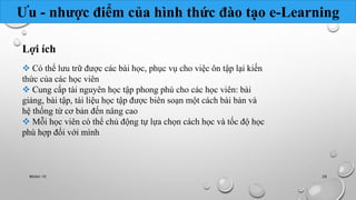 Ưu - nhược điểm của hình thức đào tạo e-Learning 
Lợi ích 
 Có thể lưu trữ được các bài học, phục vụ cho việc ôn tập lại kiến 
thức của các học viên 
 Cung cấp tài nguyên học tập phong phú cho các học viên: bài 
giảng, bài tập, tài liệu học tập được biên soạn một cách bài bản và 
hệ thống từ cơ bản đến nâng cao 
 Mỗi học viên có thể chủ động tự lựa chọn cách học và tốc độ học 
phù hợp đối với mình 
Nhóm 10 28 
 