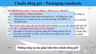 Chuẩn đóng gói – Packaging standards 
SCORM(Sharable Content Object Reference Model) 
- Cả  SCORM ReloadEditor và IMS - Bolton đều dùng Institute 
đặc tả IMS Content and Packaging. Bộ công cụ 
Mirosoft RELOAD LRN Toolkit Editor hỗ là phần trợ đặc mềm tả mã này. 
nguồn mở , viết bằng Java, cho 
Đặc tả phép này cho bạn phép tạo và gộp chỉnh nhiều sửa các cua gói học tuân và theo các thành đặc tả phần SCORM cao 1.2, 
cấp khác từ các bài 
học đơn SCORM lẻ, các 2004. 
chủ đề, và các đối tượng học tập mức thấp khác. 
- Đặc tả này cũng cung cấp các kĩ thuật gộp manifest và các file thành một gói vật 
lý.  Các eXe định - Auckland dạng file University được khuyến of New cáo để Zealand 
ghép các file riêng rẽ là PKZIP (ZIP) 
file, Jar file (JAR), hoặc cabinet (CAB) file. Phương pháp thực thi một chuẩn theo 
một công nghệ cụ thể được gọi là binding và không phải là phần lõi của chuẩn. 
eXe thiên về là công cụ soạn bài giảng dễ sử dụng, không cần các 
kiến thức về HTML và XML. eXe là dự án mã nguồn mở, do đó 
hoàn toàn miễn phí. 
Những công cụ nào giúp tuân theo chuẩn đóng gói? 
Nhóm 10 50 
 