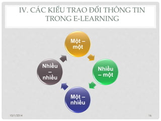 IV. CÁC KIỂU TRAO ĐỔI THÔNG TIN 
TRONG E-LEARNING 
Một – 
một 
Nhiều 
– một 
Một – 
nhiều 
Nhiều 
– 
nhiều 
10/1/2014 16 
 