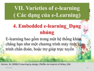 VII. Varieties of e-learning 
( Các dạng của e-Learning) 
4. Embedded e-learning_Dạng 
nhúng 
E-learning bao gồm trong một hệ thống khác, 
chẳng hạn như một chương trình máy tính, quy 
trình chẩn đoán, hoặc trợ giúp trực tuyến 
Horton, W. (2006) E-Learning by design, Pfeiffer-An Imprint of Wiley, USA 
10/1/2014 28 
 