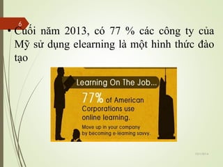 • Cuối năm 2013, có 77 % các công ty của 
Mỹ sử dụng elearning là một hình thức đào 
tạo 
10/1/2014 
6 
 