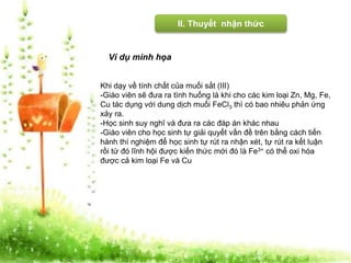 II. Thuyết nhận thức 
Ví dụ minh họa 
Khi dạy về tính chất của muối sắt (III) 
-Giáo viên sẽ đưa ra tình huống là khi cho các kim loại Zn, Mg, Fe, 
Cu tác dụng với dung dịch muối FeCl3 thì có bao nhiêu phản ứng 
xảy ra. 
-Học sinh suy nghĩ và đưa ra các đáp án khác nhau 
-Giáo viên cho học sinh tự giải quyết vấn đề trên bằng cách tiến 
hành thí nghiệm để học sinh tự rút ra nhận xét, tự rút ra kết luận 
rồi từ đó lĩnh hội được kiến thức mới đó là Fe3+ có thể oxi hóa 
được cả kim loại Fe và Cu 
 