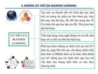 3. NHỮNG ƯU THẾ CỦA BLENDED LEARNING 
ƯU THẾ CỦA 
BLENDED 
LEARNING 
Tạo nên sự chuyển đổi mô hình dạy học dựa 
trên sự tương tác giữa các bên tham gia, thay 
đổi mục tiêu bài học, lấy HS làm trung tâm  
Cải thiện kết quả học tập của HS. Thời gian học 
tập linh hoạt. 
Tính ứng dụng công nghệ thông tin của BL phù 
hợp với xu thế của thời đại hiện nay. 
Phát huy được những ưu điểm tích cực mà ICT 
đem lại, giúp HS tích cực, chủ động chiếm lĩnh 
kiến thức về BĐKH dưới sự tổ chức, điều khiển 
của GV thông qua các hình thức dạy học mà 
vẫn đảm bảo lượng kiến thức cơ bản theo 
chương trình. 
 