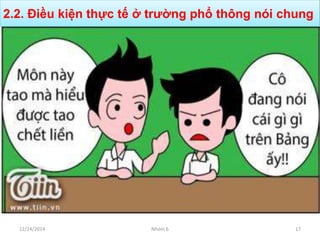 • Đối với học sinh:
- Học sinh học một
cách thụ động
- Mất nhiều thời
gian học ở lớp và
phải học quá nhiều
môn.
2.2. Điều kiện thực tế ở trường phổ thông nói chung
12/24/2014 Nhóm 6 17
 