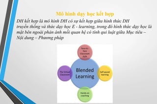 Mô hình dạy học kết hợp 
DH kết hợp là mô hình DH có sự kết hợp giữa hình thức DH 
truyền thống và thức dạy học E - learning, trong đó hình thức dạy học là 
mặt bên ngoài phản ánh mối quan hệ có tính qui luật giữa Mục tiêu – 
Nội dung – Phương pháp 
 