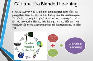 Cấu trúc của Blended Learning 
• Blended Learning là sự kết hợp giữa học trên lớp (gồm: bài 
giảng, thảo luận, bài tập, tài liệu hướng dẫn, tài liệu liên quan 
tới môn học, phòng thí nghiệm) và học trực tuyến (gồm: khảo 
sát trực tuyến, thư điện tử, thảo luận qua mạng, diễn đàn trên 
mạng, truyền thông đa phương tiện, tài liệu trên mạng, tự kiểm 
tra). 
 